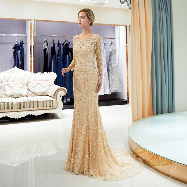 Luxury Evening Gown: Long Heavy Beaded Open Back Mermaid Dress with Long  Sleeves  Elegant Formal Wear for Special Occasions