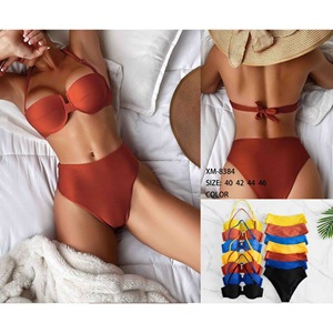 Conjunto de bikini HDJ de talla grande, traje de baño de cintura alta con control de abdomen para mujer, talla 40, 42, 44, 46, ropa de playa de color sólido - Product Image 1