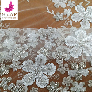 Hy3168 hoa mẫu trắng Wedding lưới Bridal ren Tulle ngọc trai với thủy tinh dài hạt vải - Product Image 2