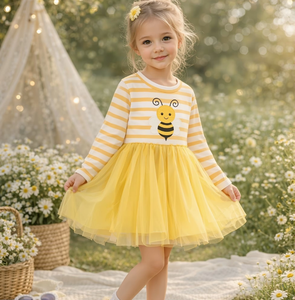 Vestito <span class=keywords><strong>Tutu</strong></span> a Maniche Lunghe con Stampa Ape e Righe <span class=keywords><strong>per</strong></span> <span class=keywords><strong>Bambine</strong></span>, Abito Principessa in Tulle Giallo Morbido <span class=keywords><strong>per</strong></span> Feste di Compleanno - Product Image 1