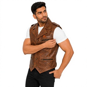Gilet de motard pour homme Tiierwear en similicuir marron, double boutonnage, col rabattu avec fermetures éclair, logo avant, vêtement d'extérieur pour l'automne - Product Image 1