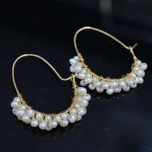 factory wholesale Handmade 14K Gold Filled Pearl Hoop <b>Earrings</b>, Natural Freshwater Cluster Pearl Wire Wrapped <b>Earrings</b> - Product Image 2