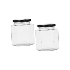Frasco de Vidrio Hexagonal Transparente de Alta Calidad con Tapa de Hierro, Capacidades de 45ml/730ml, Personalizable con Calcomanías, para Dulces, Golosinas, Alimentos Enlatados, en Caja - Product Image 1