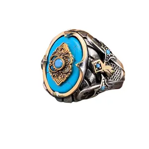 Hot SALES 925 Silver Sterling Vintage Natural Stone Rings Classic Design Turkish Jewelry Diamond Inlaid Turquoise Ring Jewelry