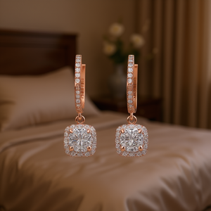 Orecchini a Cerchio E1810 in Oro Rosa con Pendente Quadrato con Diamante, Gioielli di Lusso da Donna per Matrimonio - Product Image 2