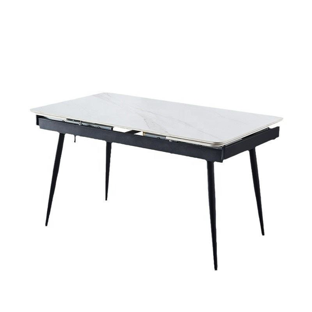 Modern Stable Extendable Rectangle Dining Table with Sintered Stone Tops and Tubular Stainless Steel Legs