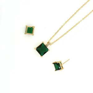 批发高品质珠宝套装方形绿色钻石吊坠项链和锆石耳环耳钉