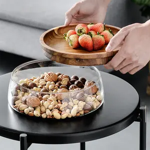 hot selling European creative double glass dried fruit, melon seeds nuts wooden candy storage glass plate with fruit design