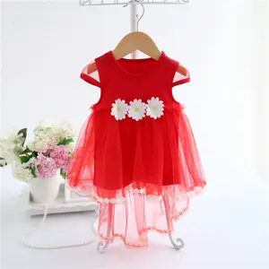 马来西亚新款儿童红色小女孩连衣裙，浅色短裙，白色装饰