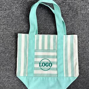 Personalized Embroidered Logo Reusable Striped Mini Canvas <b>Shopping</b> <b>Tote</b> <b>Bag</b> Long Handle Pocket Daily Use Sustainable Fashion - Product Image 3