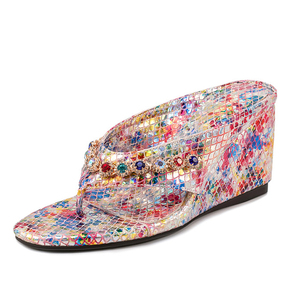 Big Size 45 Women <b>Clip</b> Toe Colorful Upper Sandals High Wedge Heels Rhinestones Shoes Wide Fit Floral Prints Mules Pumps - Product Image 1
