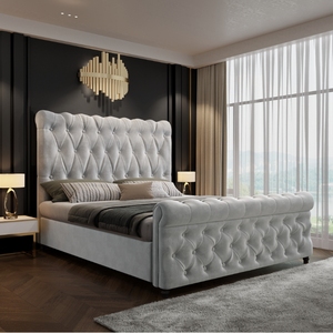 Lit rembourré en cuir avec rangement double, tête de lit haute, lit simple, double, luxe, <span class=keywords><strong>matrimonial</strong></span>, king size, lit à vérin à gaz, échantillon gratuit - Product Image 1