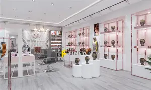 Estantería de exhibición de pelucas montada en la pared, muebles modernos personalizados para tienda de peluquería, maniquí para exhibición de pelucas