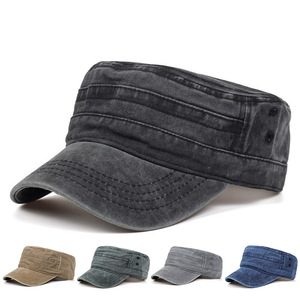 High Quality Vintage Distressed <b>Flat</b> Top <b>Hat</b> Unique Design Cadet <b>Cap</b> Unisex Common Washed Cotton Olive Baseball <b>Cap</b> 6-Panel - Product Image 2