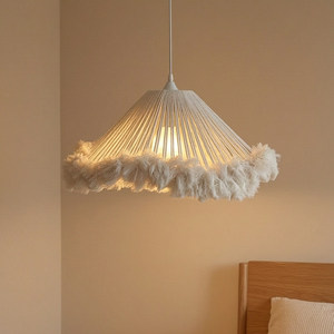 Lampe suspendue en <span class=keywords><strong>coton</strong></span> tissé à la main style crème française avec cadre en fer, pampilles LED E27, lustre en fil de pêche, garantie 3 ans, lumière chaude - Product Image 2
