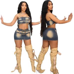 Ensemble crop top en jean sans bretelles et mini-jupe avec ceinture à boucle et ourlet à franges, <span class=keywords><strong>tenue</strong></span> en jean 2 pièces - Product Image 3