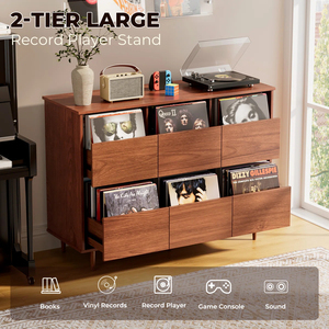 <b>6</b>-Compartment <b>Drawer</b> Style Record Player Stand Built-In Divider Multi-Purpose Mid Vinyl Storage Credenza - Product Image 2