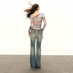 T-shirt da <span class=keywords><strong>donna</strong></span> a manica lunga monospalla in mesh, slim fit, con stampa integrale casuale di <span class=keywords><strong>immagini</strong></span> di angeli a doppio strato, di alta qualità - Product Image 5