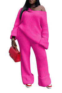 ชุดเซ็ต 2 ชิ้น เสื้อสเวตเตอร์คอวีสีพื้นสไตล์ลำลองสำหรับผู้หญิงแฟชั่นฤดูใบไม้ร่วง - Product Image 4