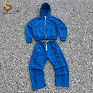 Ensembles de survêtements personnalisés pour hommes, style jogging, épais, avec rivets et patchwork, comprenant un sweat à capuche zippé effet usé et un pantalon de survêtement - Product Image 5