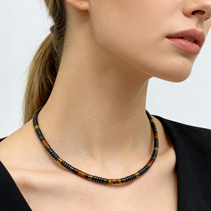 Women's Tiger's Eye Beaded <b>Necklace</b> Letter Shape Trendy Minimalist Natural Stone Healing Earth Tone Strand <b>Necklace</b> Gift - Product Image 2