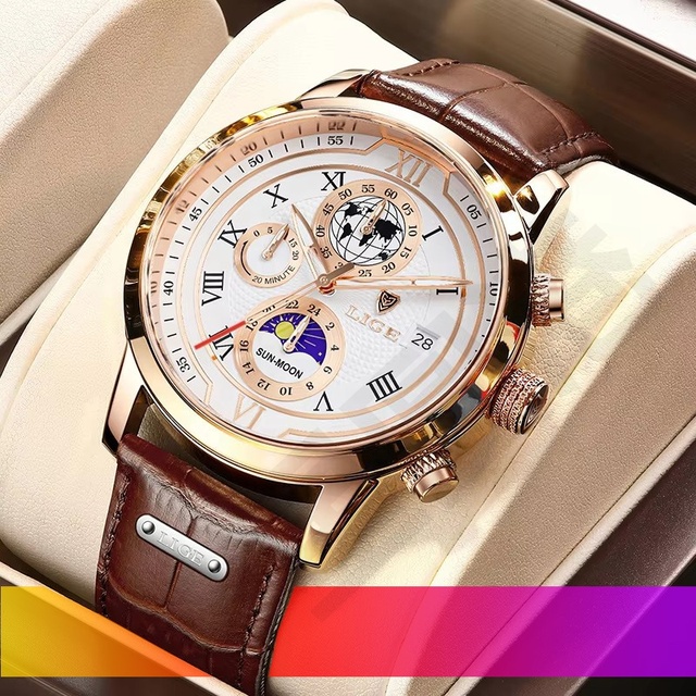 Men's Fashion Business Large Dial College Student Quartz Watch with Pointer Stainless Steel Moon Phase Waterproof