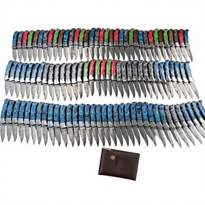 Damascus Steel Folding Pocket Knife Set with Pakka Wood Handles Straight Edge Clip Point Blade Tactical Outdoor Use - Product Image 2