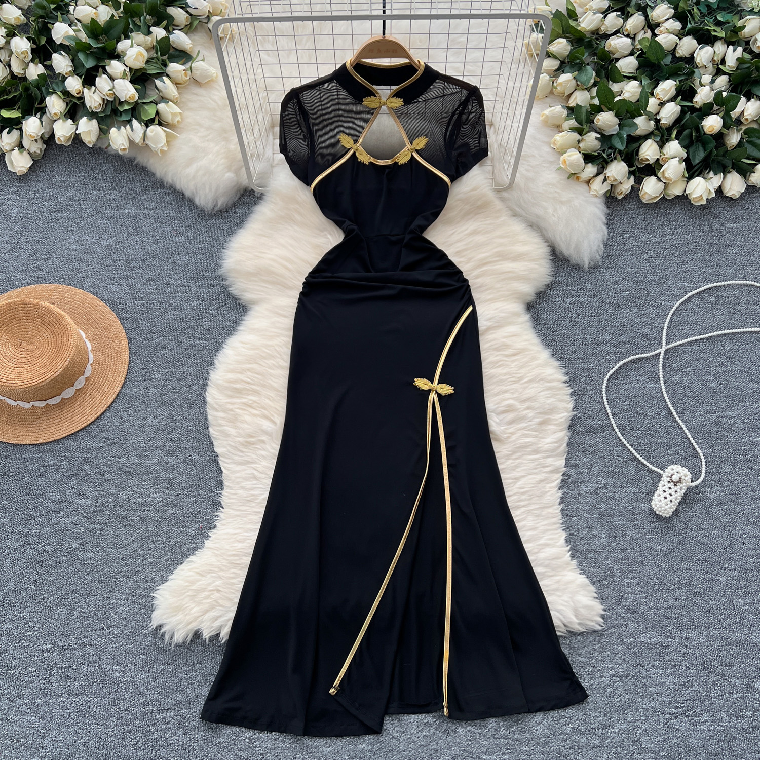Summer Sexy Stand Collar Slit Tunic Slim Casual Midi Dress