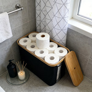 ตะกร้าใส่กระดาษชำระสำหรับใส่กระดาษทิชชู่ภาชนะใส่เอกสารขนาดกลางที่วางส้วมจัดระเบียบได้ถึง9เมกะม้วนพร้อมฝาไม้ไผ่ - Product Image 2