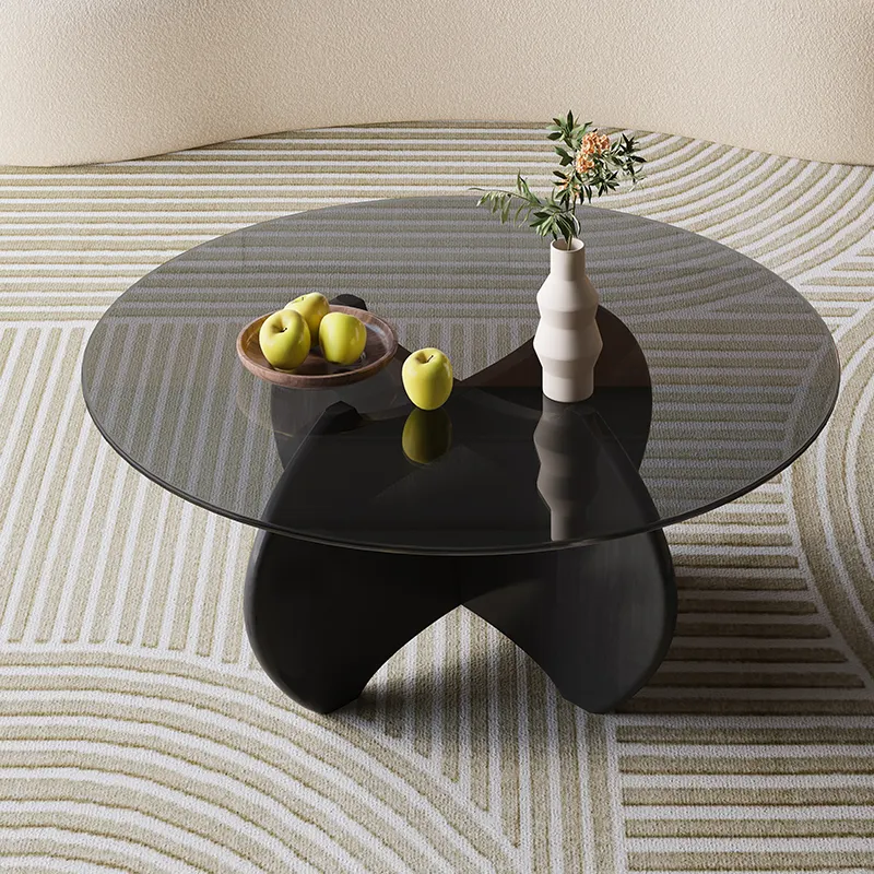 Conjunto de mesa de centro preto luxuoso e moderno pequeno vidro redondo para mesa de centro para casa