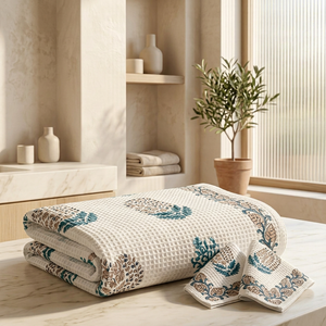 Ensemble de serviettes de bain gaufrées imprimées à la main en coton, 1 serviette de bain et 2 serviettes de toilette pour la maison, l'hôtel et la salle de bain - Product Image 1