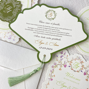 <span class=keywords><strong>Suite</strong></span> d'invitations <span class=keywords><strong>de</strong></span> mariage <span class=keywords><strong>de</strong></span> luxe en papier texturé blanc, vert olive et or botanique, avec éventail, pompon, découpe laser et impression personnalisée à la feuille d'or - Product Image 2