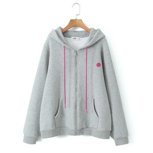 Sudadera con Capucha de Felpa Gris Happy Plus con Cremallera Rosa, Sudadera Informal para Mujer de Talla Grande, Chaqueta de Poliéster de Color Sólido N8809 - Product Image 5