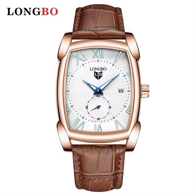 LONGBO 83361 Luminous Night Light Rectangle Case Shape Date Display Watch Leather Band Japan Quartz Movt Calendar Men Watches