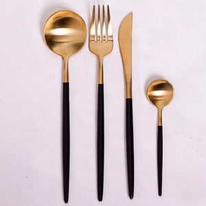 Ensemble de couverts modernes en or avec manche noir, compatibles lave-vaisselle, pour les occasions de mariage - Product Image 1