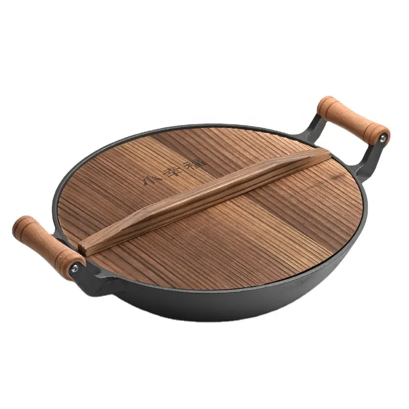Лидер продаж 2021, деревянная чугунная посуда с двумя ушками, сковорода для приготовления пищи, прочная сковорода, <span class=keywords><strong>используется</strong></span> для семейного пикника на открытом воздухе