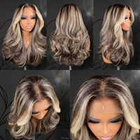 Perruque 13x6 en dentelle HD transparente, cheveux humains bruts, couleur ombrée blonde avec mèches, densité 200, cheveux longs, ligne de cheveux naturelle, ondulation naturelle