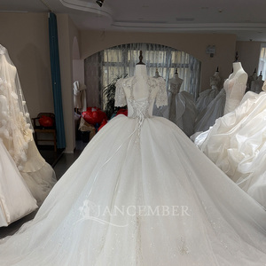 Wx392 Ivory Tulle <b>Wedding</b> Dress V Neck Puff Sleeve Beaded Sequin Ball Gown Multi Layer Long Train Jancember - Product Image 5