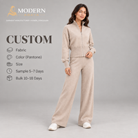 Ensemble tricoté zippé intégral avec veste côtelée à taille élastique et pantalon large – Tenue décontractée deux pièces automne-hiver – Marque privée