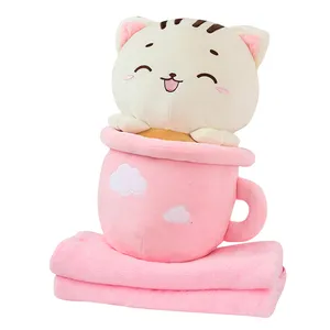 Spring and summer pillow 3 in 1 blanket cute teacup cat Pillow plush toys wholesale