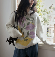 Pull en cachemire jacquard gris clair sur mesure, motif floral, coloris assortis, style décontracté et littéraire, chaud pour femme, idéal pour l'hiver