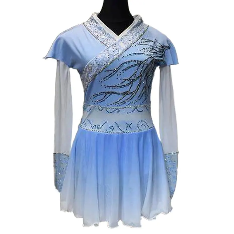 Figure Skating Dance dress for Girls Performance Wear Spandex and Stretch Mesh Chinese Style Long Sleeve Costume for Competition