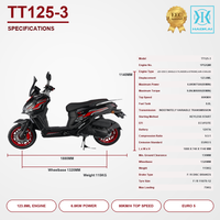 Scooter urbain 125cc, moteur refroidi par air, EFI, démarrage sans clé, vitesse maximale de 80 km/h, frein à disque avant et arrière, homologué EURO 5 EEC