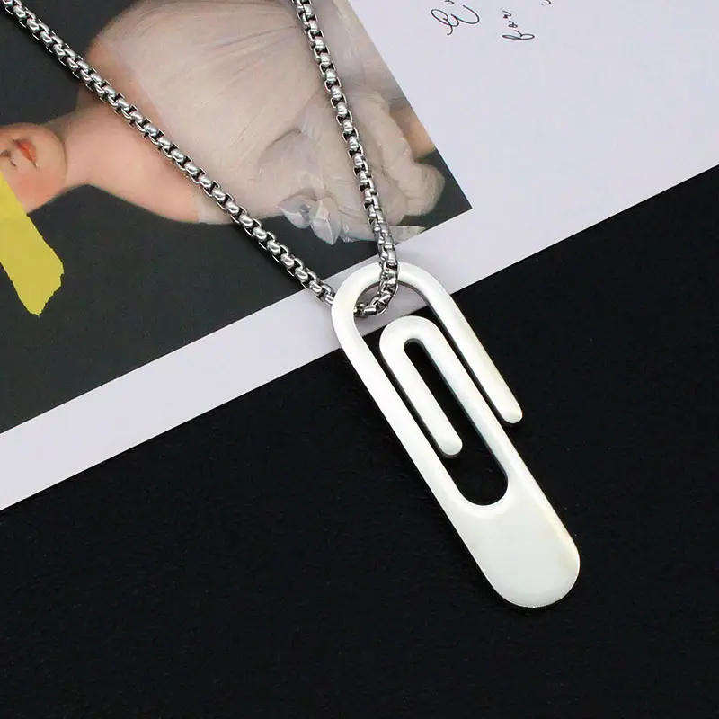 New Arrival Punk Mens Necklace Hip Hop Stainless Steel Mirror Polished Paper clip Pendant Necklace 24" Round Box Chain