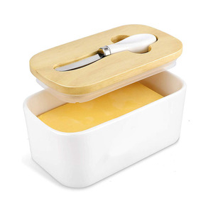 Boîte à beurre nordique 500ml plaque à beurre en céramique avec couvercle en bois et couteau plateau de stockage du fromage récipient à beurre - Product Image 1