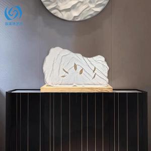 Sculpture moderne minimaliste en résine et pierre avec feuilles tombantes 650x70x380mm, décoration artistique pour salon, entrée, villa, club-house - Product Image 2