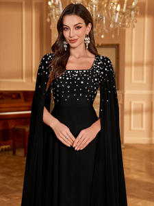 Robe de soirée Maxi en mousseline de soie à manches longues et fente au sol pour femmes de grande taille col <span class=keywords><strong>carré</strong></span> avec strass et paillettes - Product Image 4