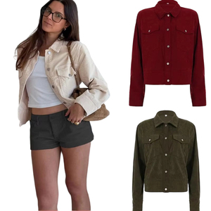 เสื้อแจ็คเก็ตคอปกผ้าลูกฟูกสำหรับผู้หญิง ขายส่ง แบบต่อผ้า กระดุมแถวเดียว แขนยาว สไตล์ลำลอง ทรงสั้น ระบายอากาศได้ดี เหมาะสำหรับฤดูใบไม้ร่วง - Product Image 1