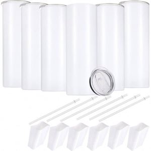 Lot de 50 gobelets en plastique pour sublimation sous vide, 20 oz, vierges, fins, à fond plat, blancs, avec couvercle et paille - Product Image 1