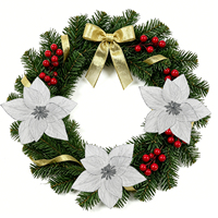 Fleur de Noël artificielle, poinsettia blanc avec détails argentés pour couronne, guirlande, décoration de fête, vente en gros